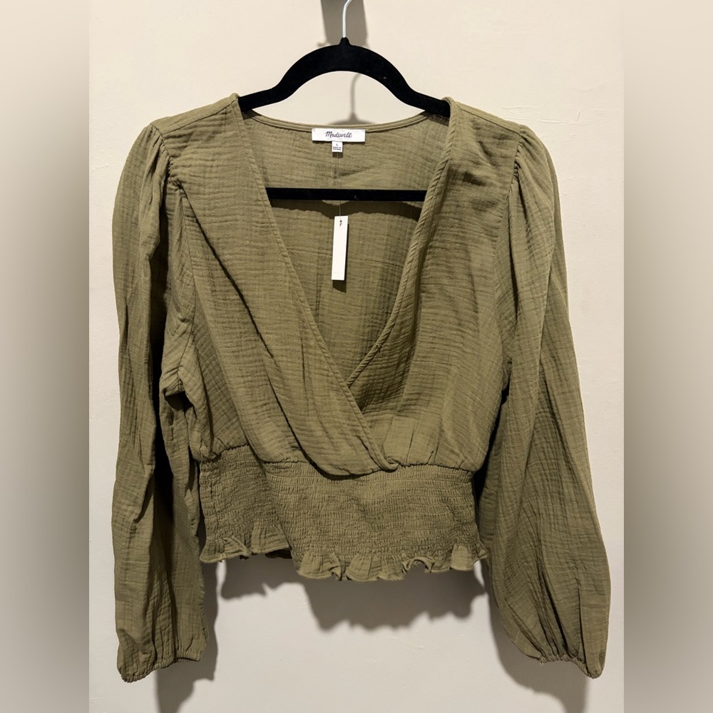 NWT Madewell Olive Green Wrap Long Sleeve Size Large Blouse